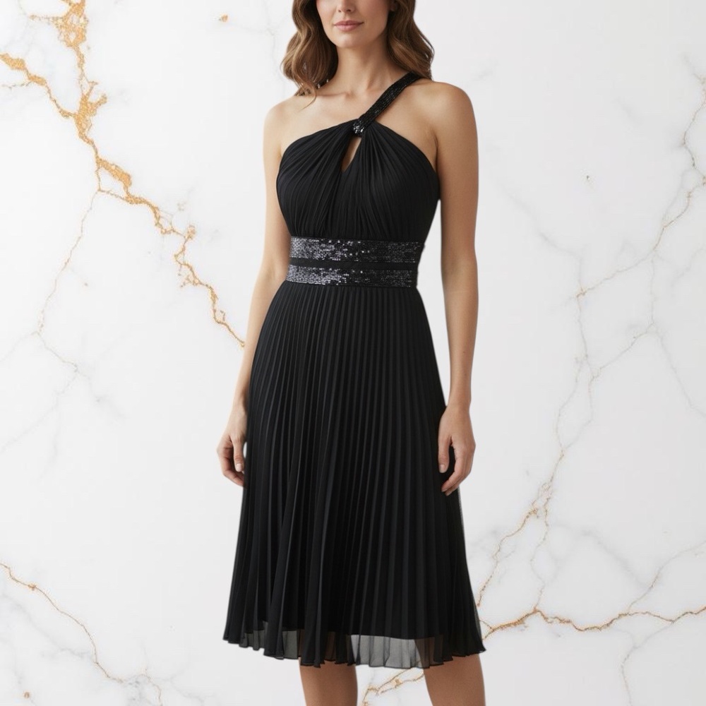 Julian Joyce by Mandalay Black Silk Pleated One Shoulder Dress Sequin 4 Archival